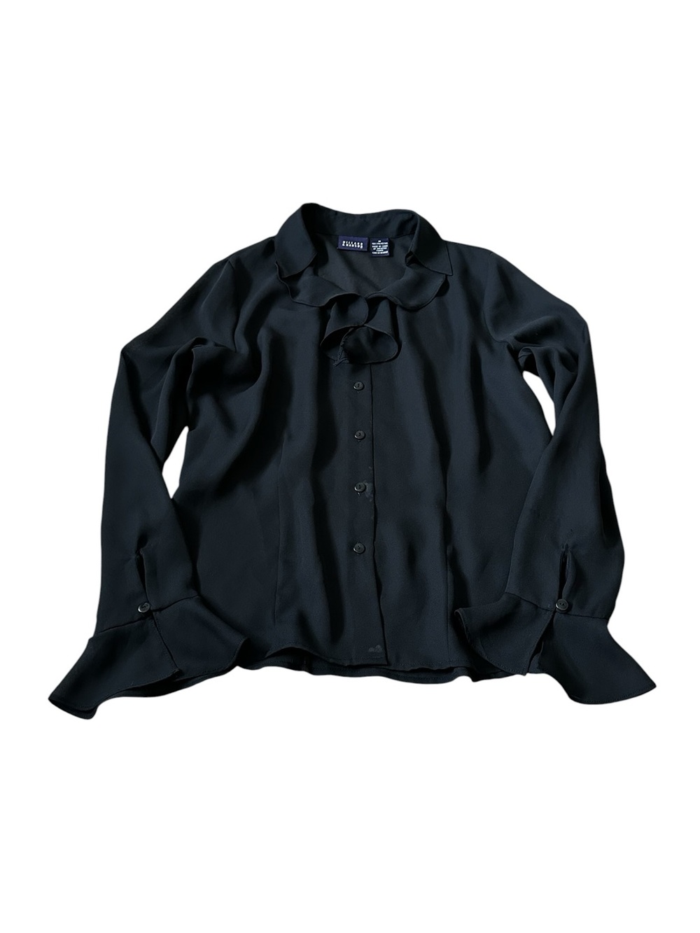 Vintage Chiffon Ruffle Button Up Blouse Bell Sleeves Semi Sheer Dark Victorian